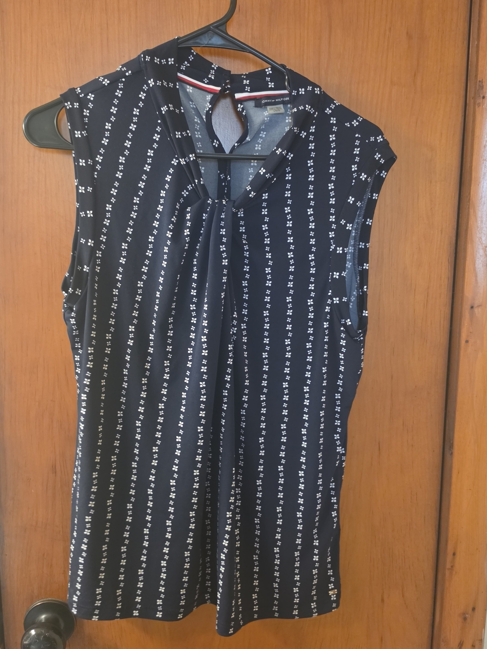Tommy Hilfiger Navy Blue Sleeveless Tie-Neck Dot-Stripe Blouse